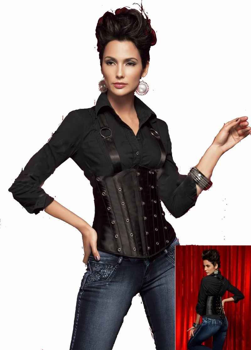 Black satin paneled underbust corset